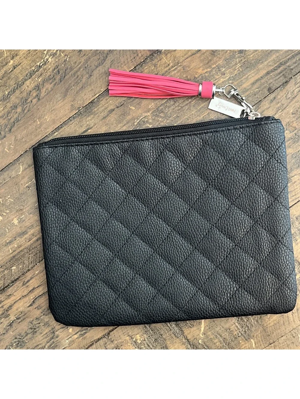 FabD Beauty Black Quilted Makeup Bag Boutique Cosmetic Pouch Zipper Pink Tassel